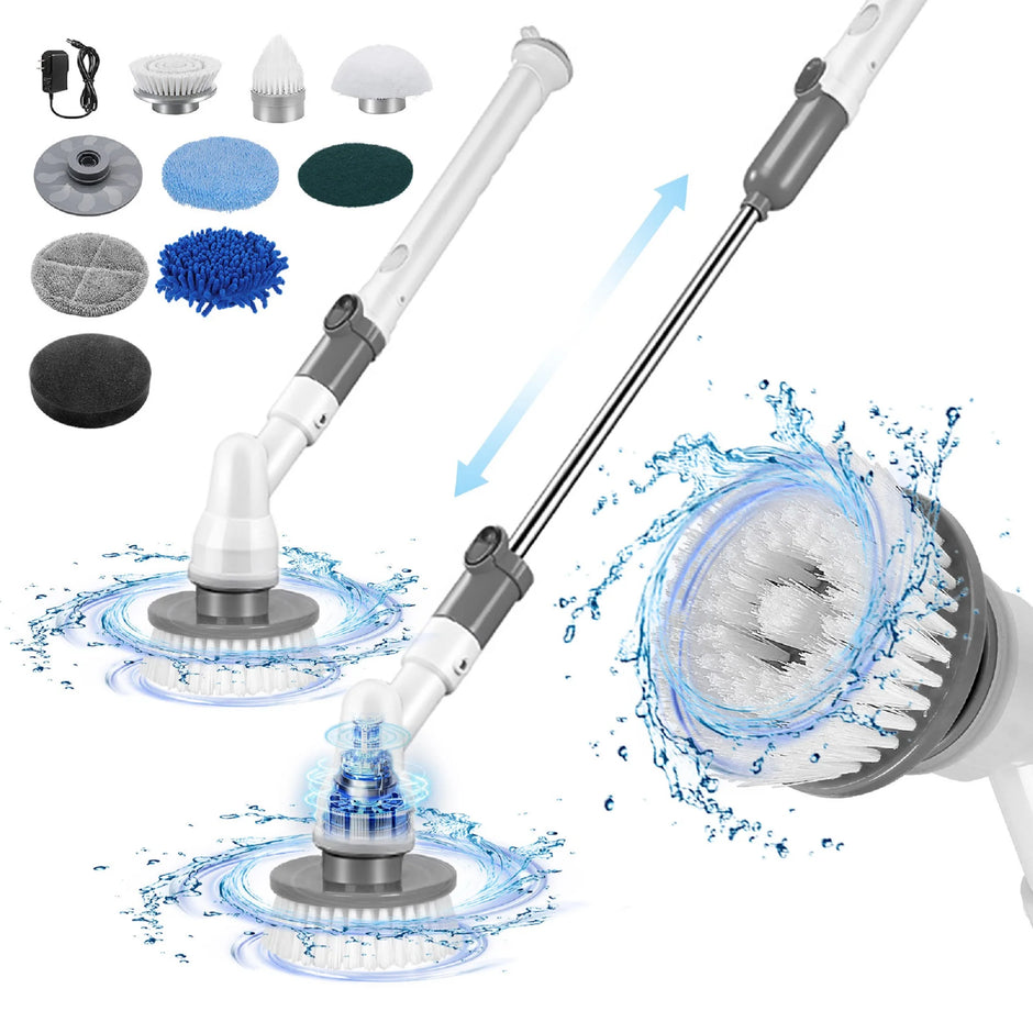 Electric Spin Scrubber,Cordless Cleaning Brush with 8 Heads and Extension Handle Power Shower Scrubber for Bathroom Kitchen Tile Floor