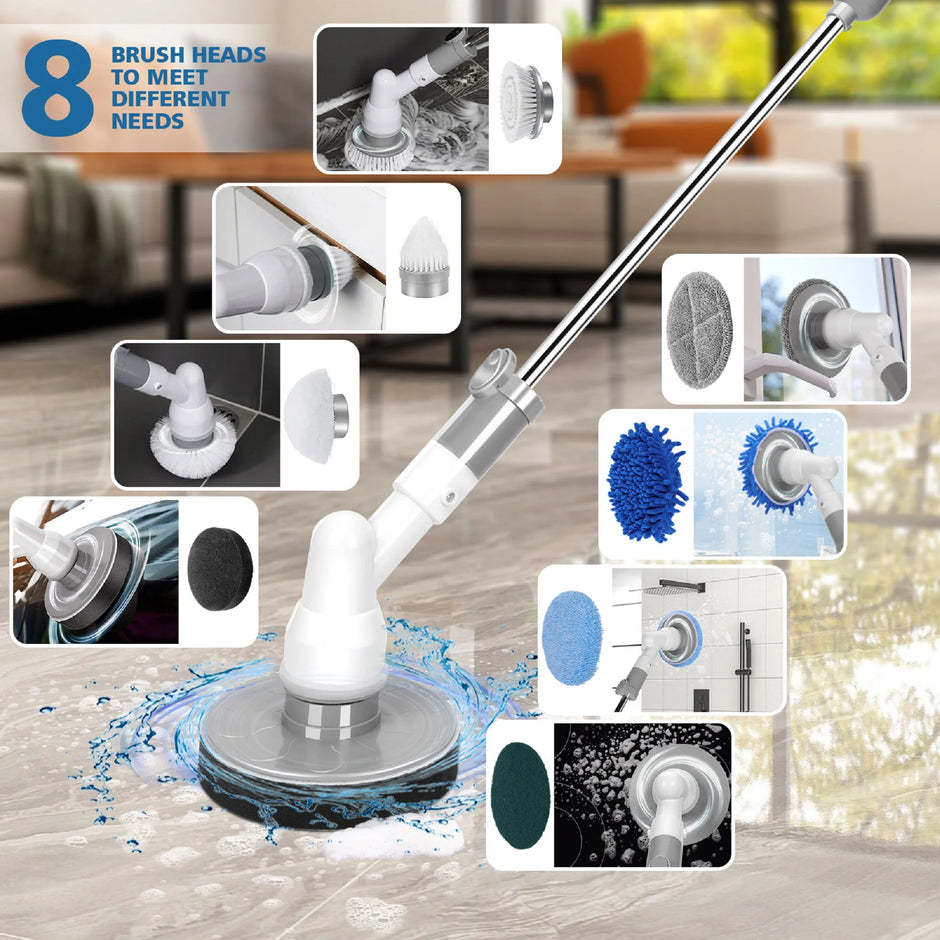 Electric Spin Scrubber,Cordless Cleaning Brush with 8 Heads and Extension Handle Power Shower Scrubber for Bathroom Kitchen Tile Floor