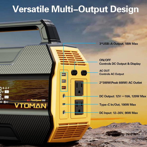 VTOMAN Flash Speed300 Power Station, 300Wh Portable Power Station, Outdoor Solar Generator for Home Use with 110V/300W (Surge 600W) AC Outlet, Battery Backup Power Supply for Camping Emergency Power Outages