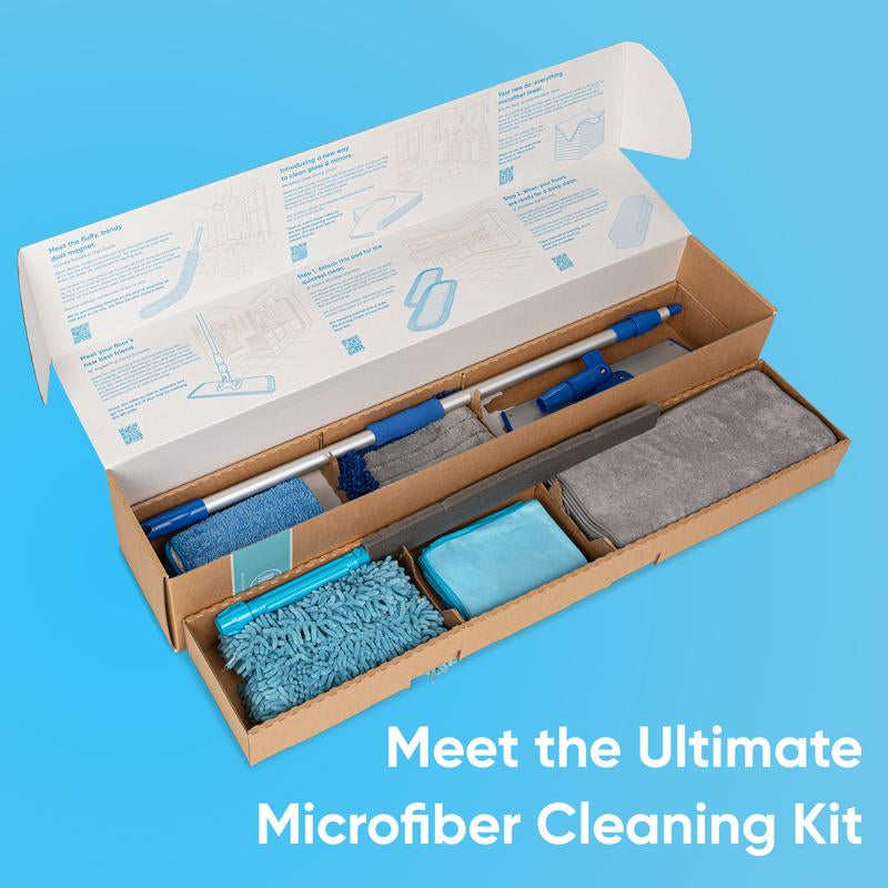 Ultimate Microfiber Cleaning Kit | Dry & Wet Mop for Floors | 12 Microfiber Cloths | High Duster, Glass Cloths, Reusable Mop Pads, Telescopic Handle