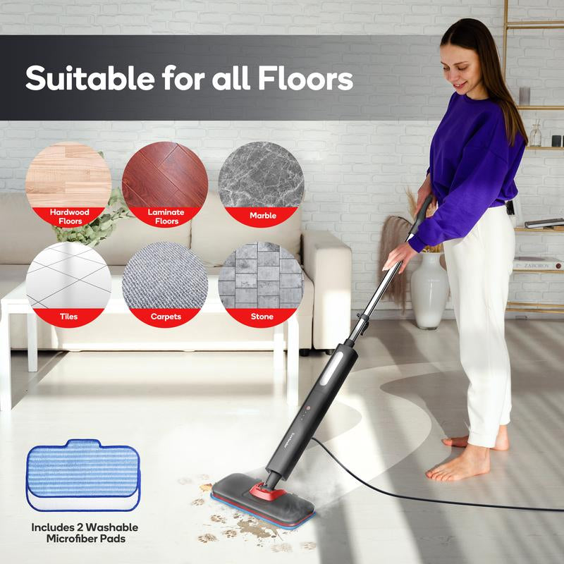 Newbealer Steam Mop, Handheld Floor Steamer, 500Ml 1200W Powerful Cleaner for Carpet Laminate and Tiles, 3 Adjustable Steam, 15S Fast Heat-Up, Carpet Glider & 2 Washable Microfiber Pads,