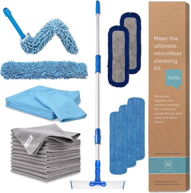 Ultimate Microfiber Cleaning Kit | Dry & Wet Mop for Floors | 12 Microfiber Cloths | High Duster, Glass Cloths, Reusable Mop Pads, Telescopic Handle