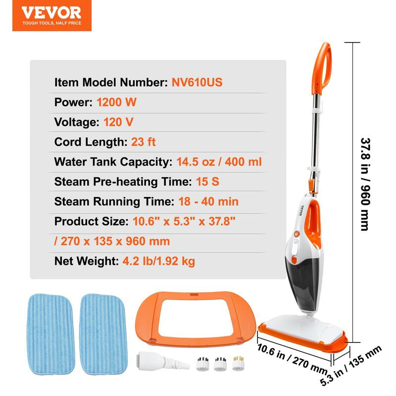 VEVOR Steam Mop Sweeper, 8-In-1 Hard Wood Floor Cleaner with 7 Replaceable Brush Heads, for Various Hard Floors, like Ceramic, Granite, Marble, Linoleum, Natural Floor Mop with 2 Pcs Machine Washable Pads