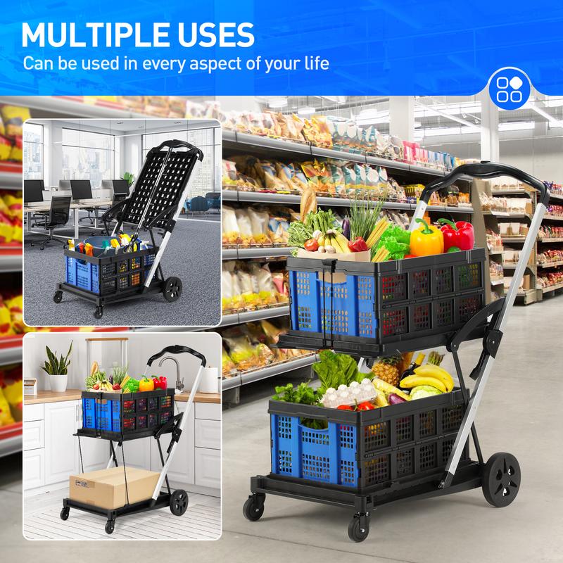 Rengue Multifunctional Folding Cart with Wheels,Two Layers Collapsible Utility Cart for Groceries,Office,Warehouse,Supermarket, Double Layer Foldable Shopping Cart,Collapsible Handcart Heavy Duty