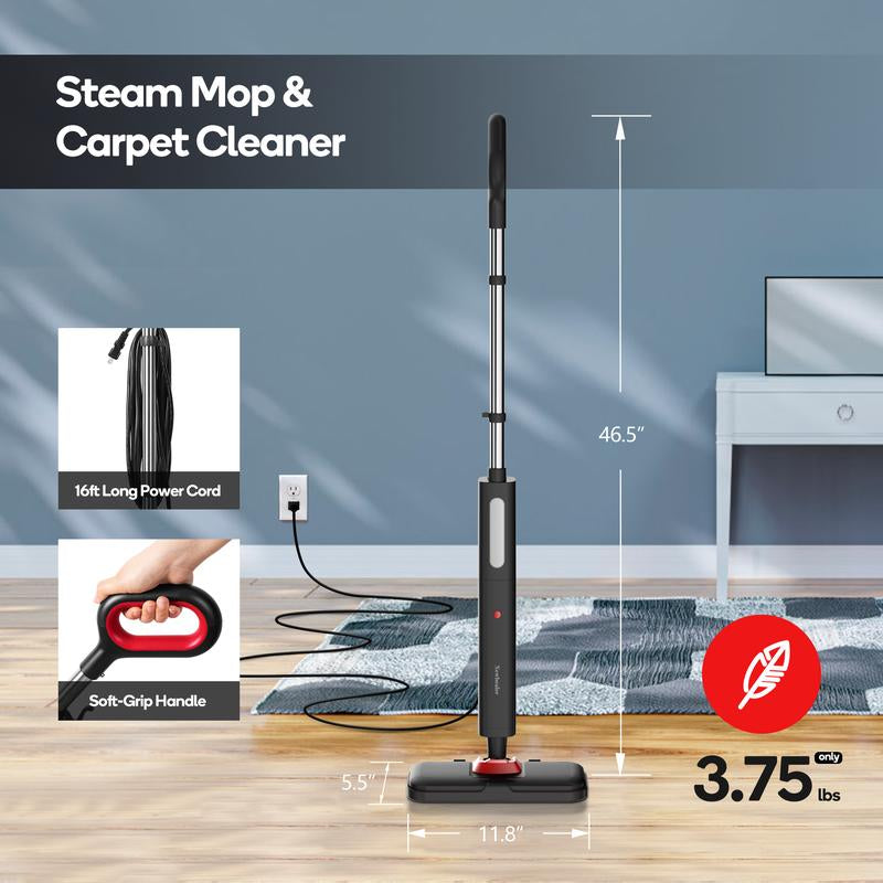 Newbealer Steam Mop, Handheld Floor Steamer, 500Ml 1200W Powerful Cleaner for Carpet Laminate and Tiles, 3 Adjustable Steam, 15S Fast Heat-Up, Carpet Glider & 2 Washable Microfiber Pads,