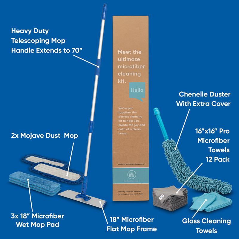 Ultimate Microfiber Cleaning Kit | Dry & Wet Mop for Floors | 12 Microfiber Cloths | High Duster, Glass Cloths, Reusable Mop Pads, Telescopic Handle