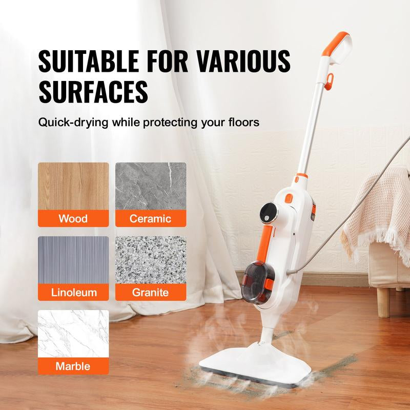 VEVOR Steam Mop Sweeper, 8-In-1 Hard Wood Floor Cleaner with 7 Replaceable Brush Heads, for Various Hard Floors, like Ceramic, Granite, Marble, Linoleum, Natural Floor Mop with 2 Pcs Machine Washable Pads