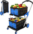 Rengue Multifunctional Folding Cart with Wheels,Two Layers Collapsible Utility Cart for Groceries,Office,Warehouse,Supermarket, Double Layer Foldable Shopping Cart,Collapsible Handcart Heavy Duty