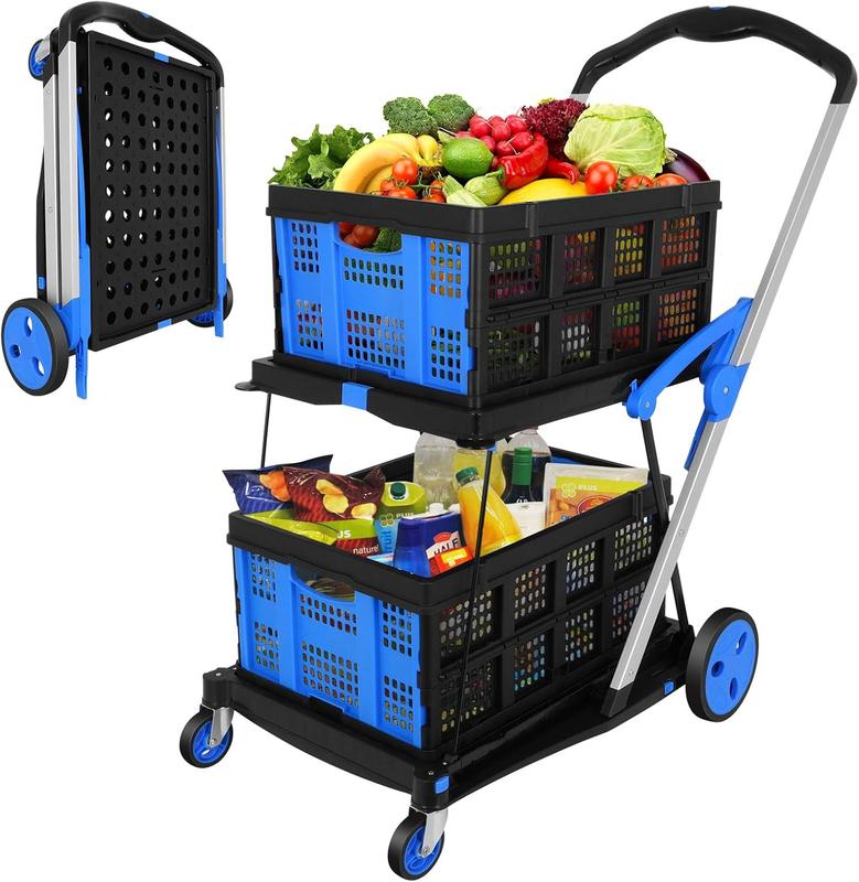 Rengue Multifunctional Folding Cart with Wheels,Two Layers Collapsible Utility Cart for Groceries,Office,Warehouse,Supermarket, Double Layer Foldable Shopping Cart,Collapsible Handcart Heavy Duty