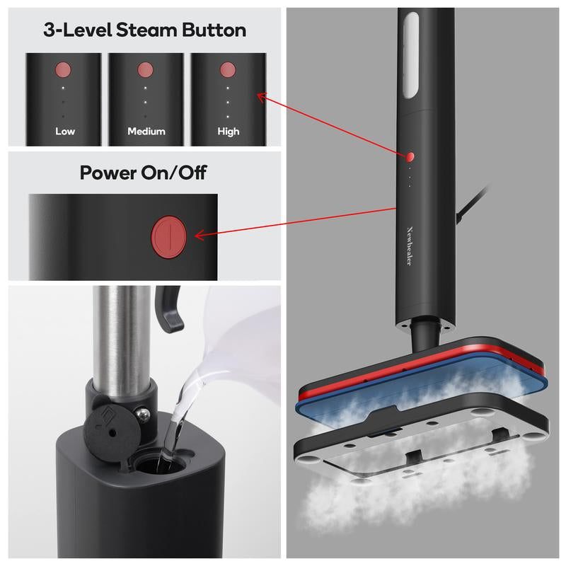 Newbealer Steam Mop, Handheld Floor Steamer, 500Ml 1200W Powerful Cleaner for Carpet Laminate and Tiles, 3 Adjustable Steam, 15S Fast Heat-Up, Carpet Glider & 2 Washable Microfiber Pads,