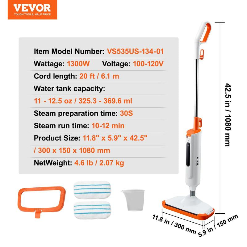 VEVOR Steam Mop Sweeper, 8-In-1 Hard Wood Floor Cleaner with 7 Replaceable Brush Heads, for Various Hard Floors, like Ceramic, Granite, Marble, Linoleum, Natural Floor Mop with 2 Pcs Machine Washable Pads