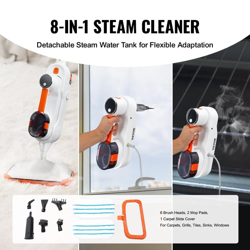 VEVOR Steam Mop Sweeper, 8-In-1 Hard Wood Floor Cleaner with 7 Replaceable Brush Heads, for Various Hard Floors, like Ceramic, Granite, Marble, Linoleum, Natural Floor Mop with 2 Pcs Machine Washable Pads