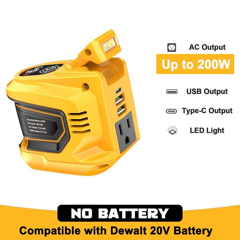 200W Power Inverter for Dewalt 20V Battery, Battery NOT Included, DC 20V to AC 110-120V Battery Inverter, with 2 USB Ports & 1 Type-C & 1 AC Outlet