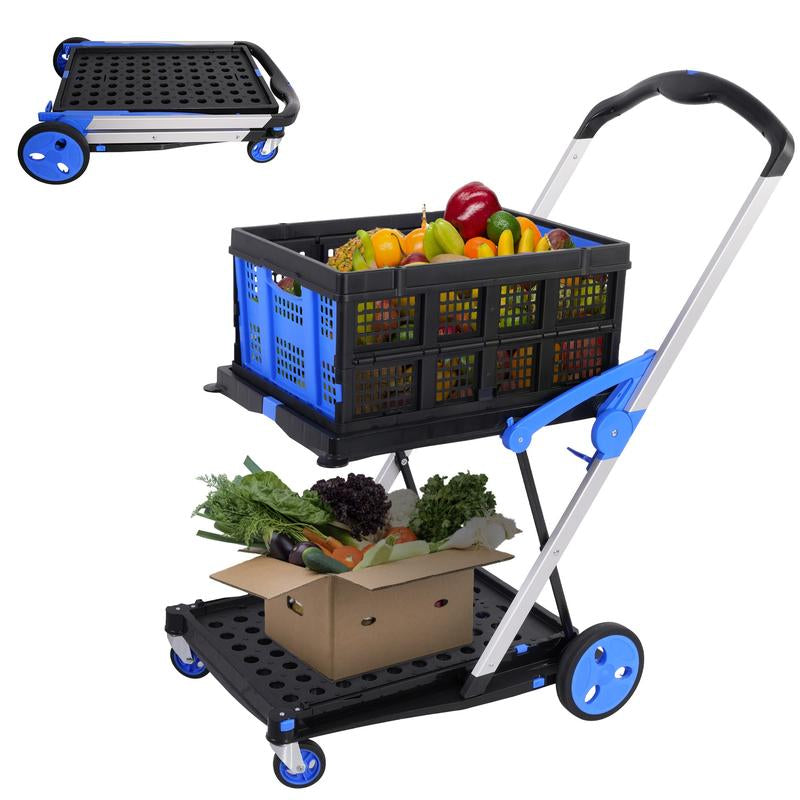 2-Tier Multi-Functional Collapsible Carts Foldable Trolley with Storage Crate Rolling Swivel Wheels