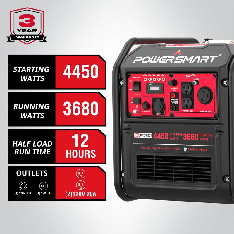 Powersmart 4450-Watt Portable Inverter Generator, Gas Powered, Co-Sensor, Lightweight & Quiet for Home Use, Camping Outdoor, Fishing, EPA Compliant, Powerful Engine, Pure Sine Wave, LED Indicators, RV, Low Oil Shutdown, Hurricane, MB5040C