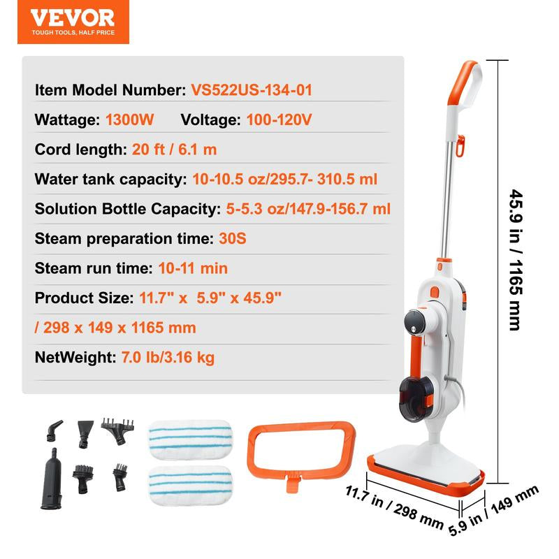 VEVOR Steam Mop Sweeper, 8-In-1 Hard Wood Floor Cleaner with 7 Replaceable Brush Heads, for Various Hard Floors, like Ceramic, Granite, Marble, Linoleum, Natural Floor Mop with 2 Pcs Machine Washable Pads